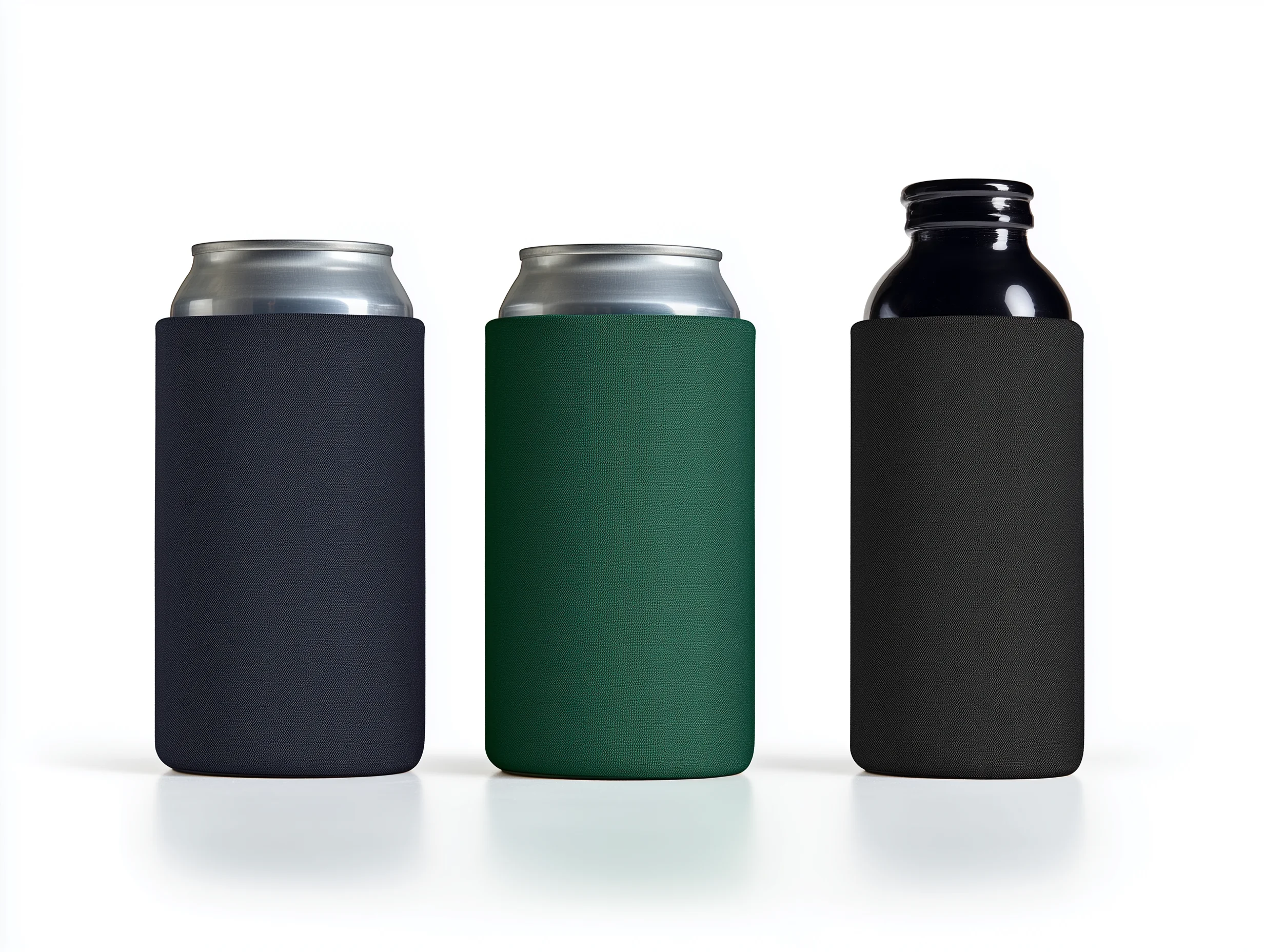 Foam and neoprene can coolers in three sizes on white background