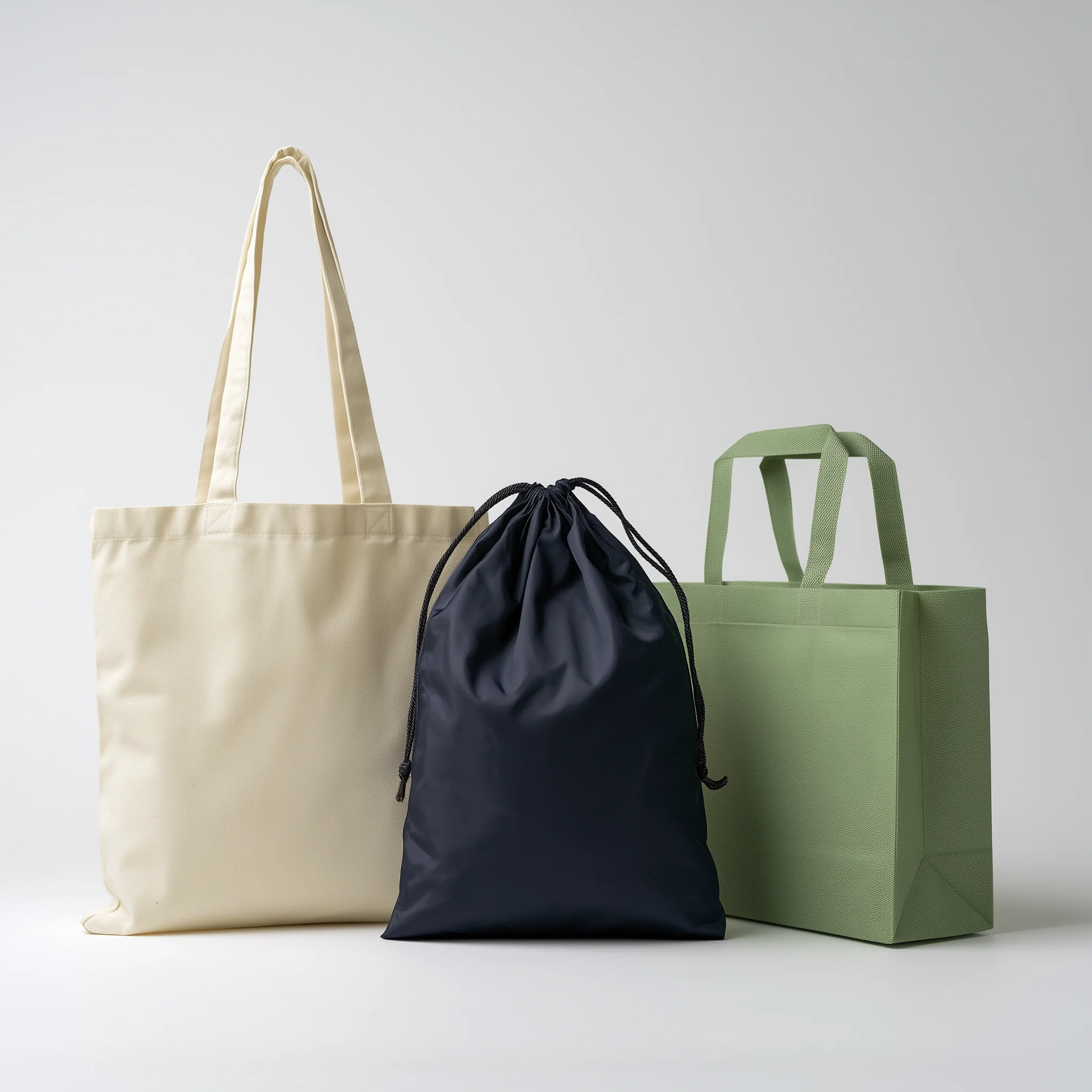 Canvas tote bag, nylon drawstring cinch sack, and non-woven grocery tote on white background
