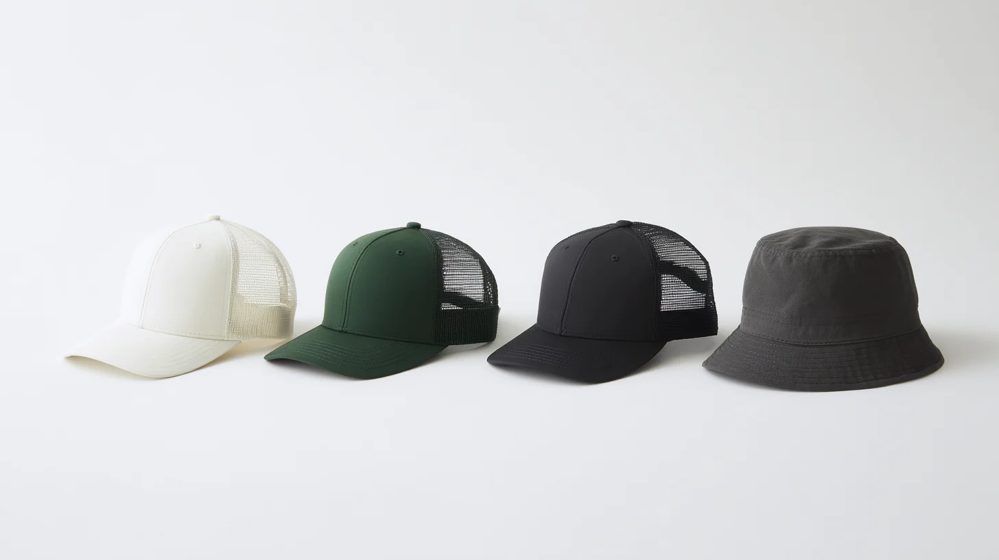Collection of 4 hat styles: foam trucker, baseball cap, snapback, bucket hat on white background