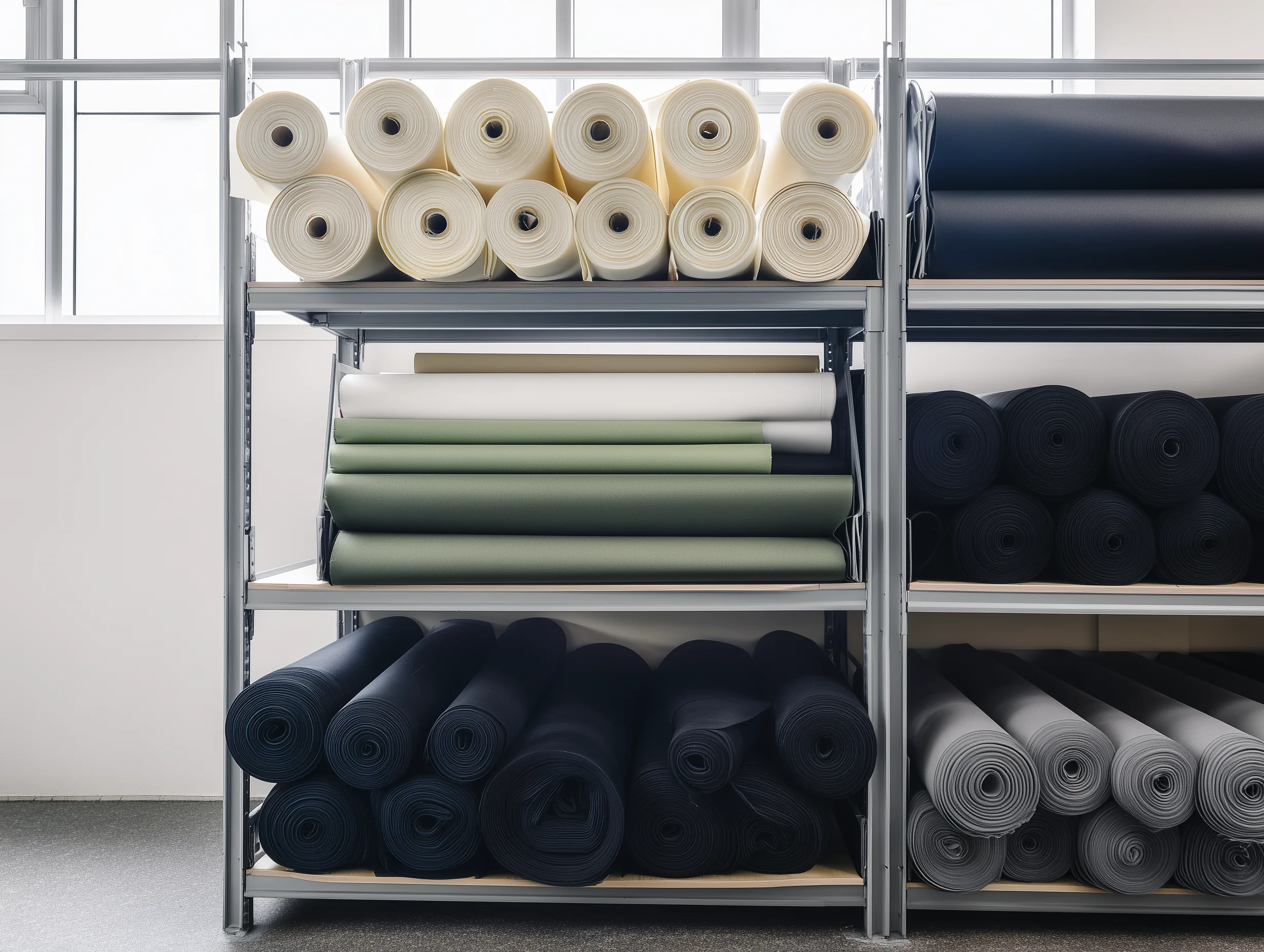 Fabric rolls and EVA foam sheets on warehouse shelving