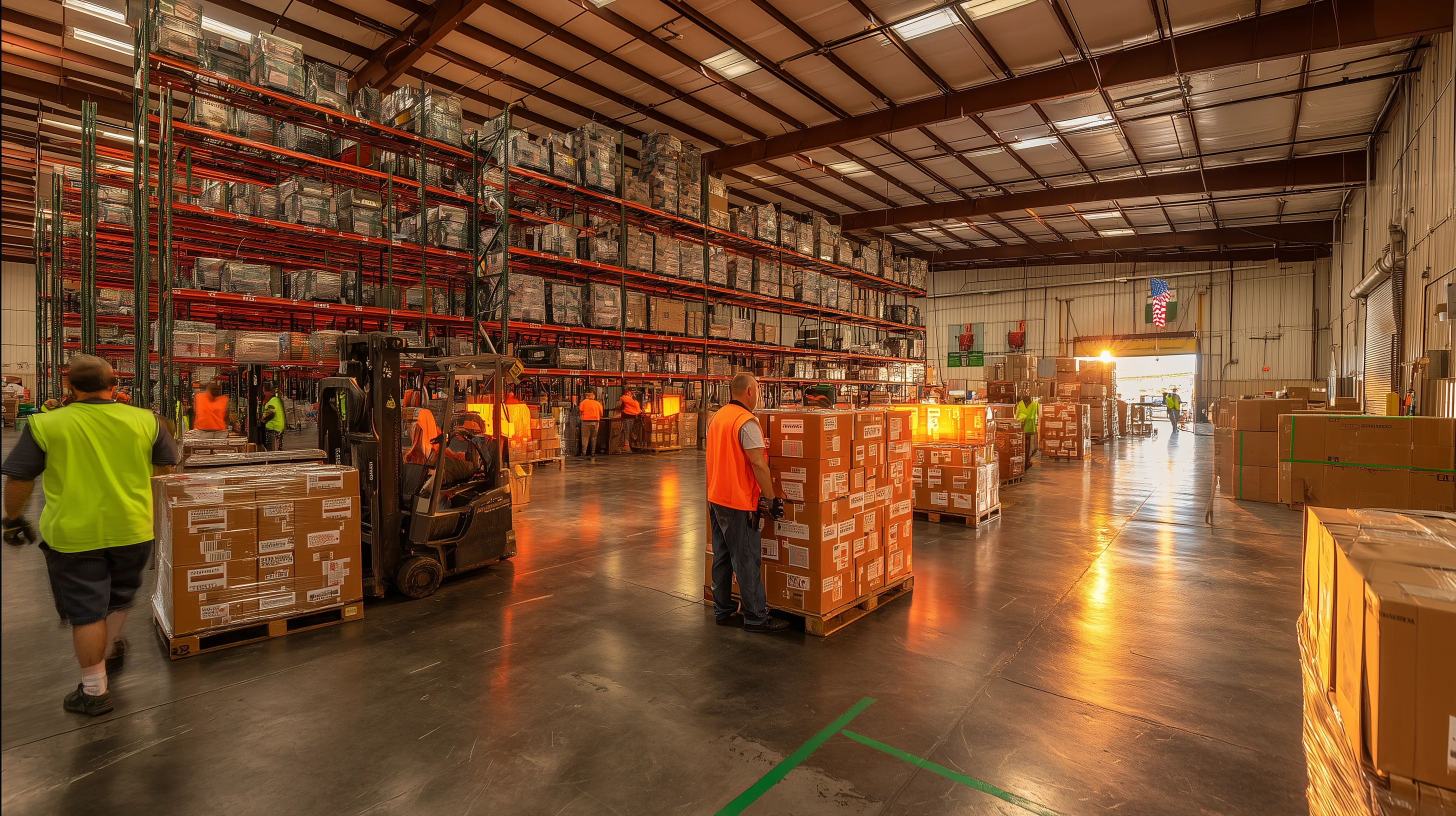 Houston Texas warehouse with American crew organizing pallets of promotional products imported from Vietnam